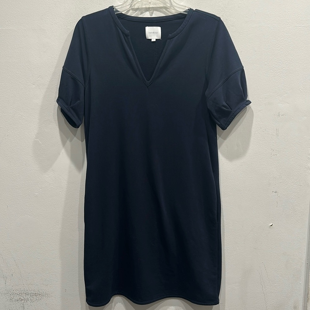 Sundays Anthropologie Puff Sleeve t shirt Dress Navy Feminine pockets small